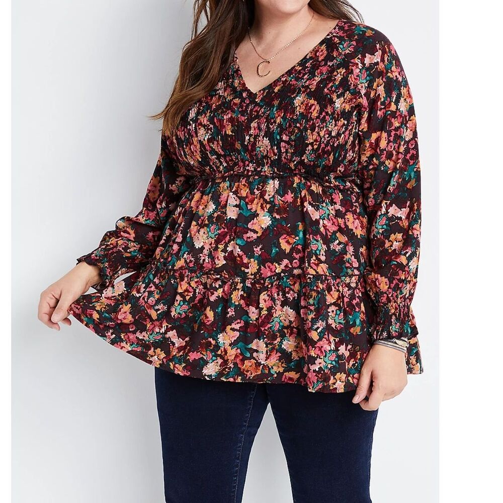Maurices Women’s Floral Smocked Tunic Blouse Size L Boho Rayon Long Sleeve Top